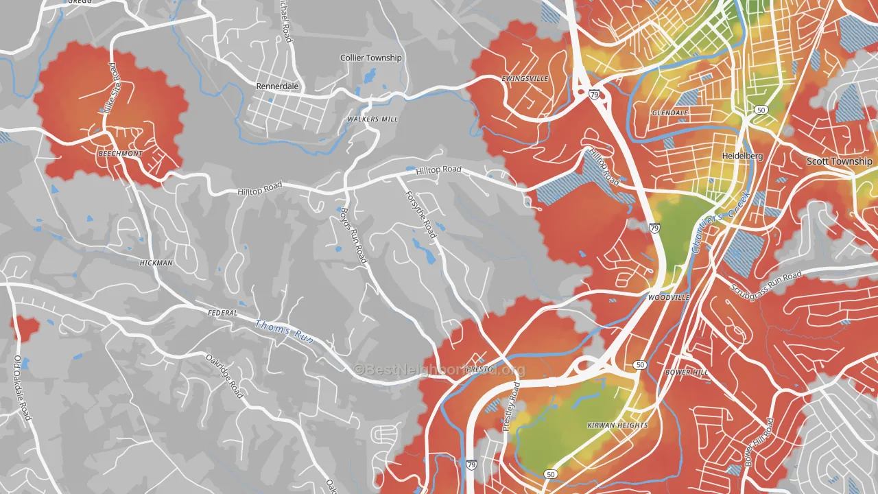 Walk Grade map of 15142, PA, walkable areas in green and car-dependent areas in red