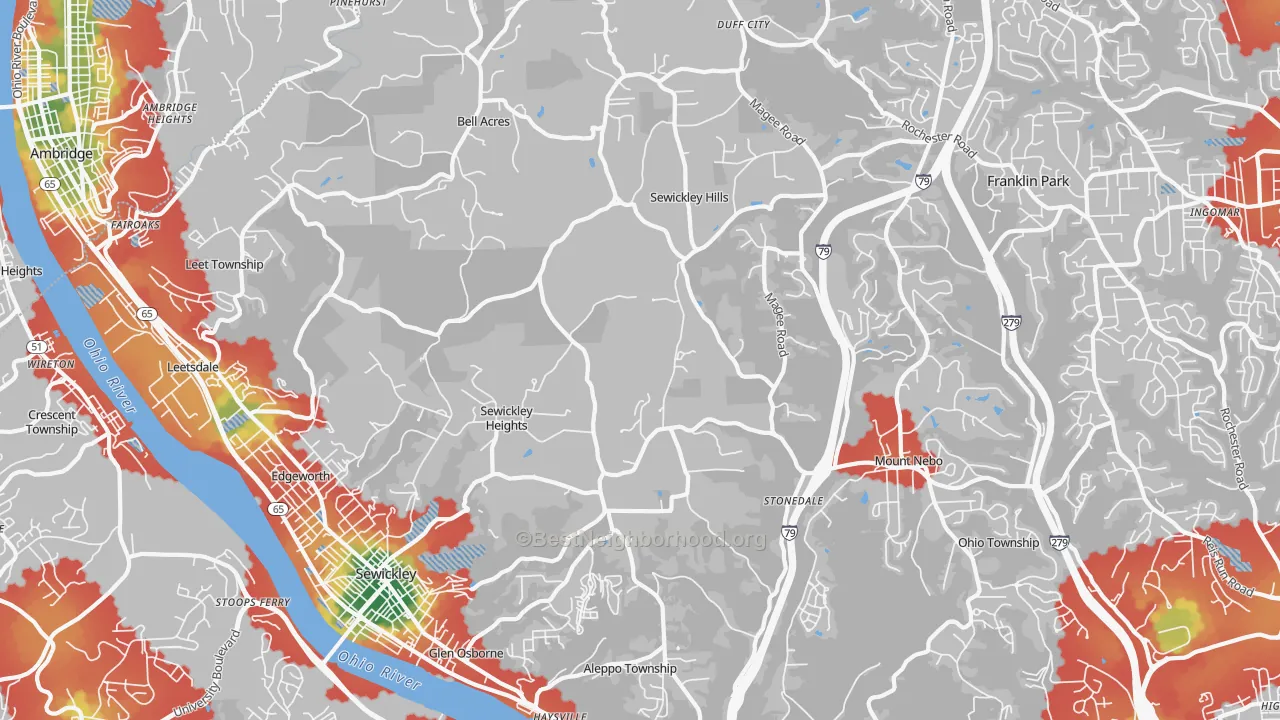 Walk Grade map of 15143, PA, walkable areas in green and car-dependent areas in red