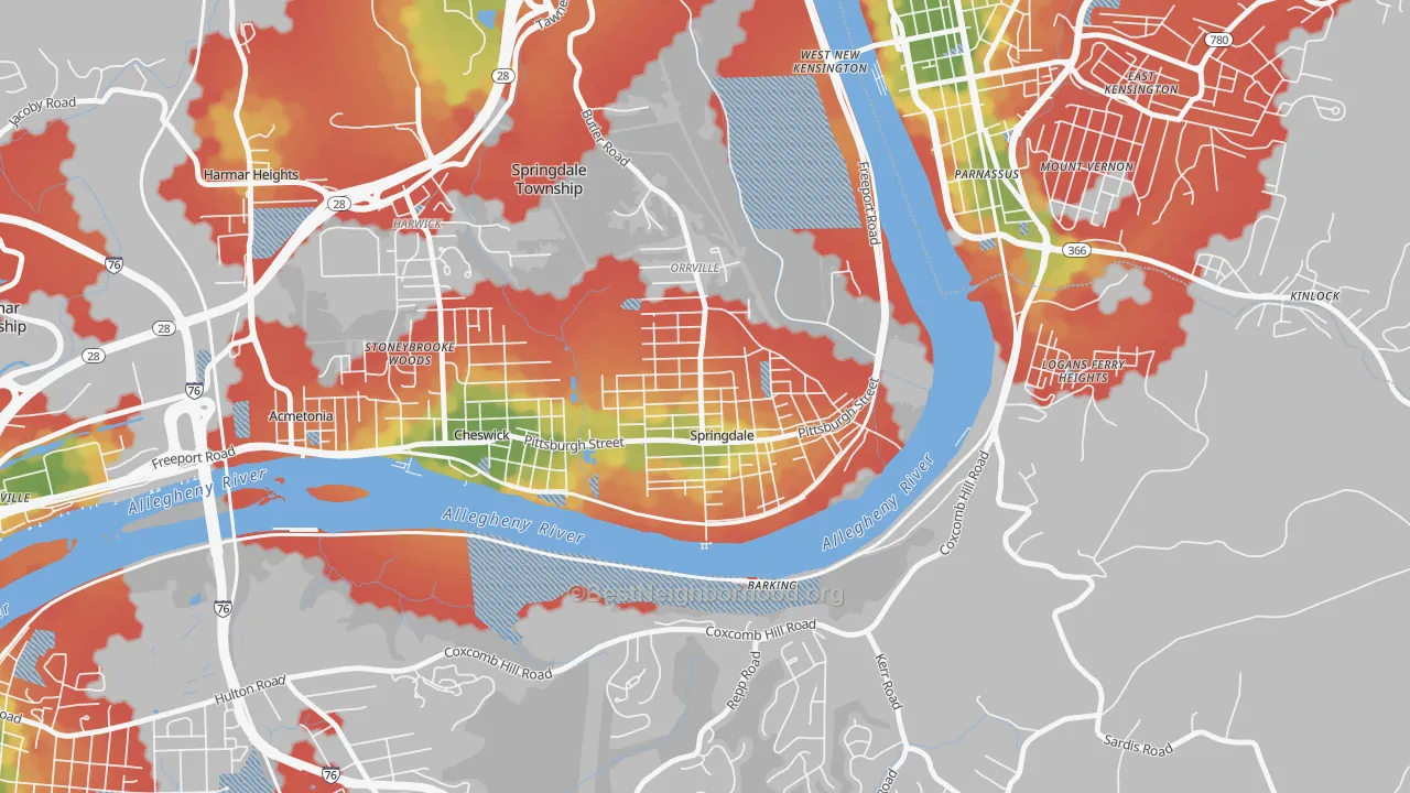 Walk Grade map of 15144, PA, walkable areas in green and car-dependent areas in red