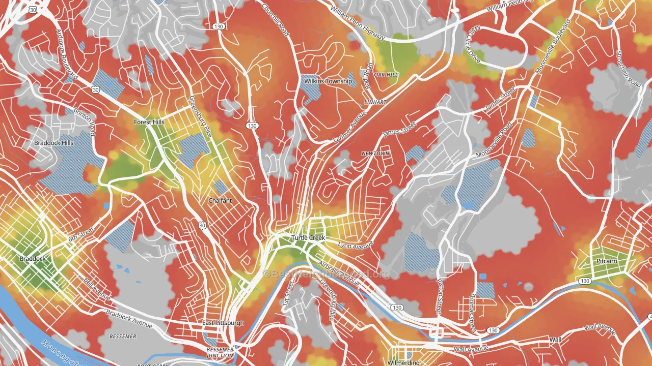 Walk Grade map of 15145, PA, walkable areas in green and car-dependent areas in red