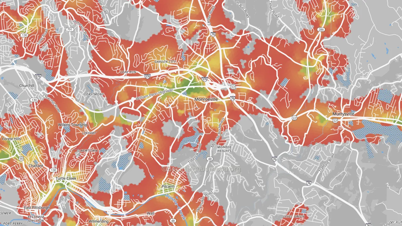 Walk Grade map of 15146, PA, walkable areas in green and car-dependent areas in red