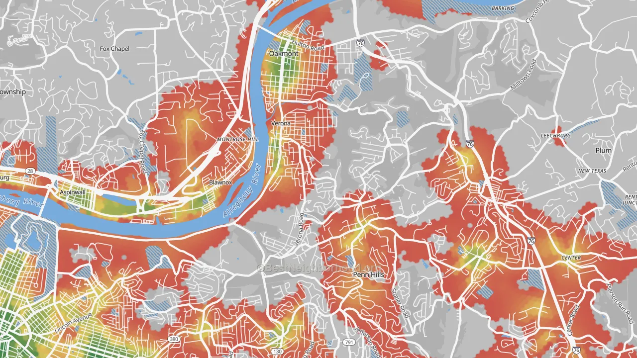 Walk Grade map of 15147, PA, walkable areas in green and car-dependent areas in red