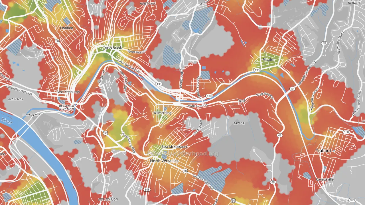 Walk Grade map of 15148, PA, walkable areas in green and car-dependent areas in red