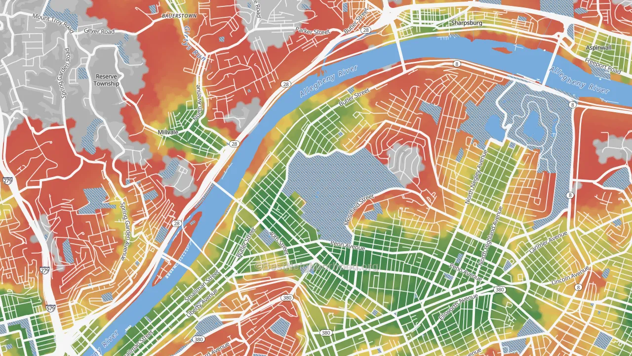 Walk Grade map of 15201, PA, walkable areas in green and car-dependent areas in red