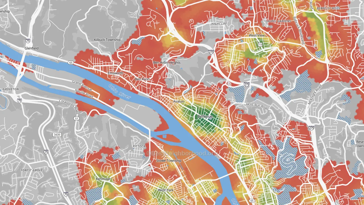 Walk Grade map of 15202, PA, walkable areas in green and car-dependent areas in red