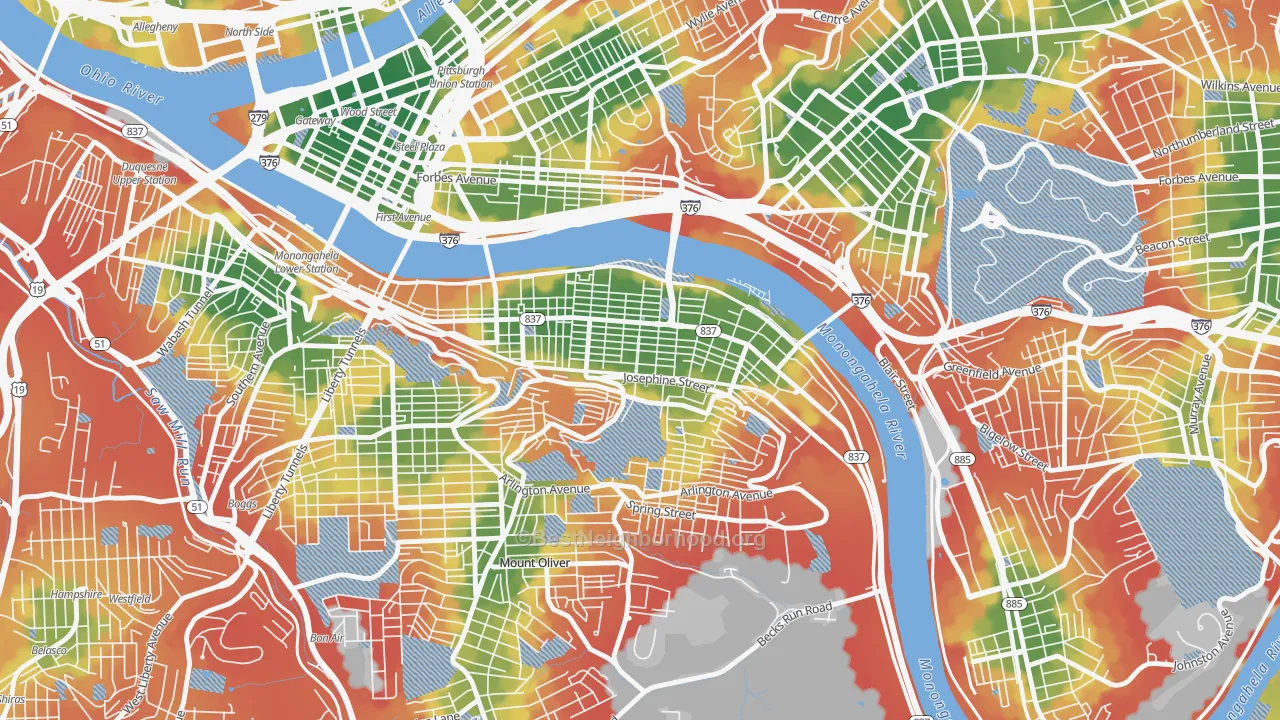 Walk Grade map of 15203, PA, walkable areas in green and car-dependent areas in red