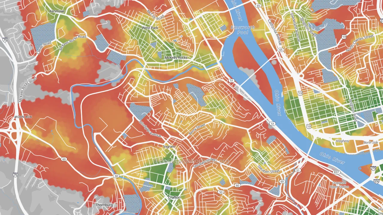 Walk Grade map of 15204, PA, walkable areas in green and car-dependent areas in red