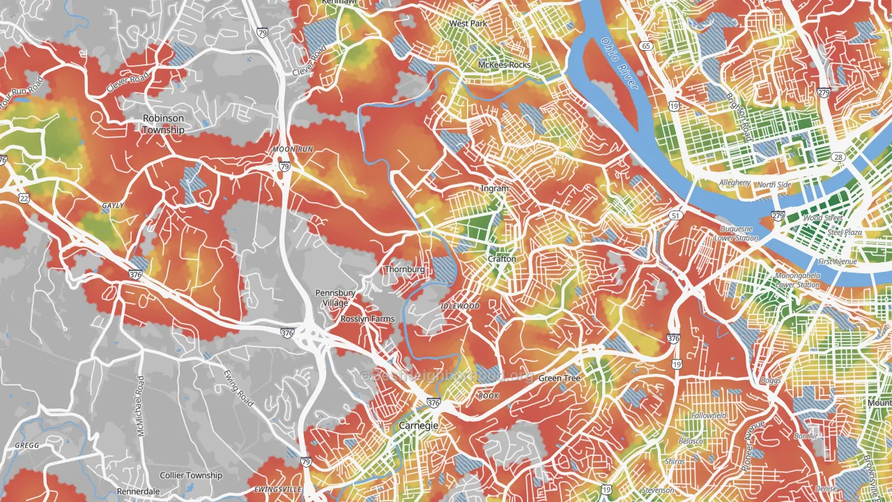 Walk Grade map of 15205, PA, walkable areas in green and car-dependent areas in red