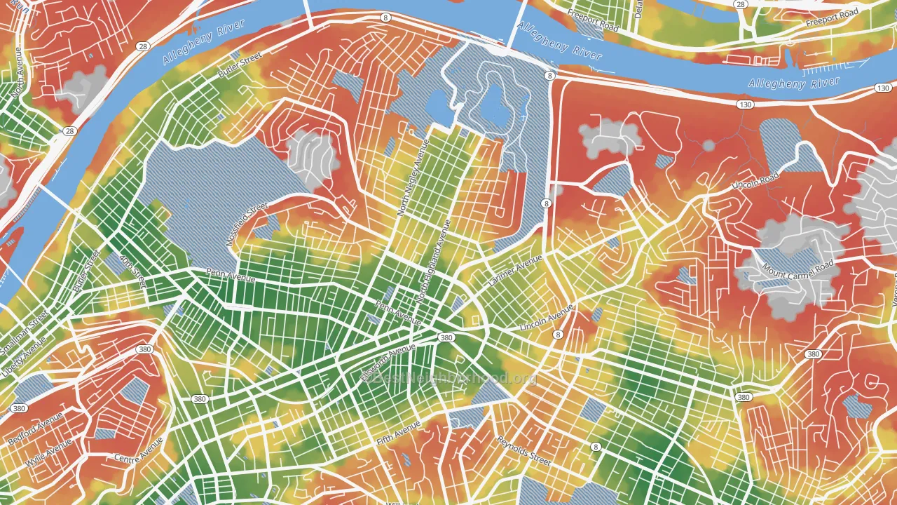 Walk Grade map of 15206, PA, walkable areas in green and car-dependent areas in red