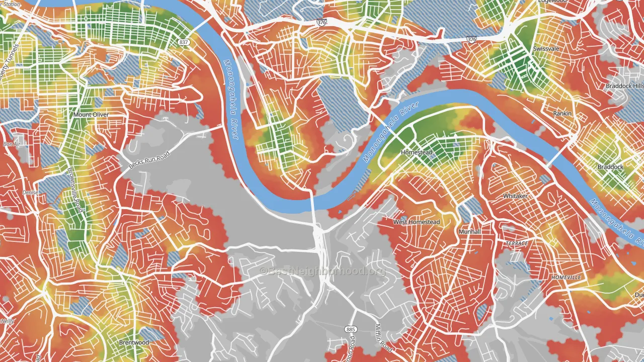 Walk Grade map of 15207, PA, walkable areas in green and car-dependent areas in red