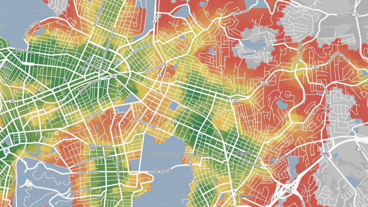 Walk Grade map of 15208, PA, walkable areas in green and car-dependent areas in red