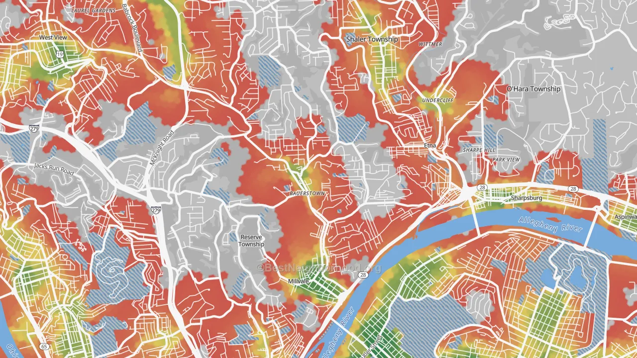 Walk Grade map of 15209, PA, walkable areas in green and car-dependent areas in red