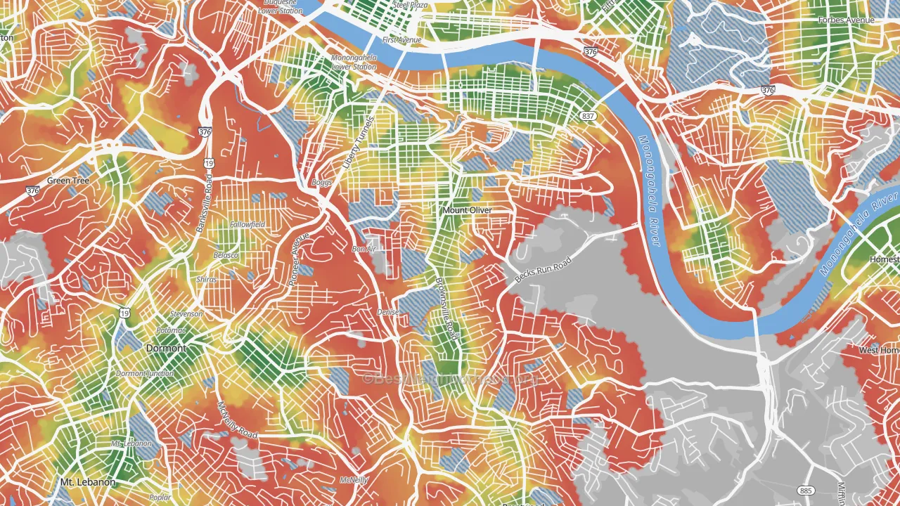 Walk Grade map of 15210, PA, walkable areas in green and car-dependent areas in red