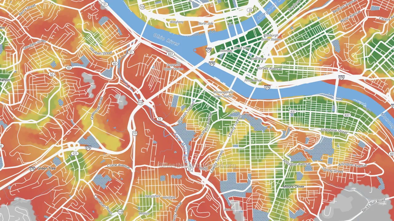 Walk Grade map of 15211, PA, walkable areas in green and car-dependent areas in red