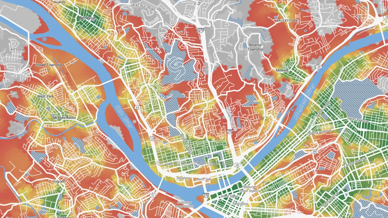 Walk Grade map of 15212, PA, walkable areas in green and car-dependent areas in red