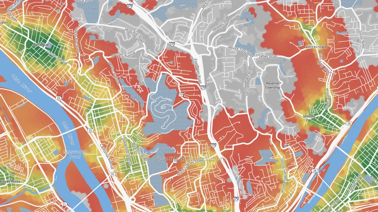 Walk Grade map of 15214, PA, walkable areas in green and car-dependent areas in red