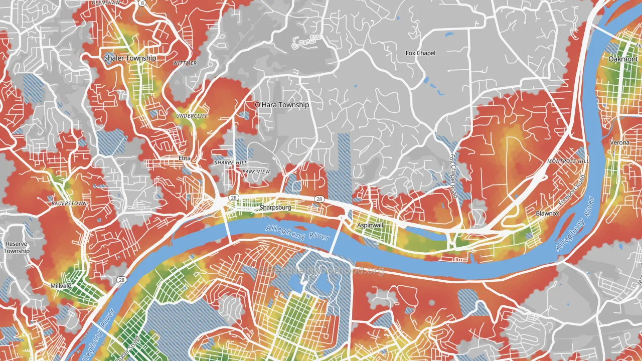 Walk Grade map of 15215, PA, walkable areas in green and car-dependent areas in red