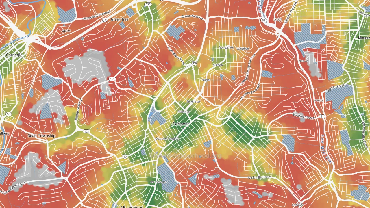 Walk Grade map of 15216, PA, walkable areas in green and car-dependent areas in red