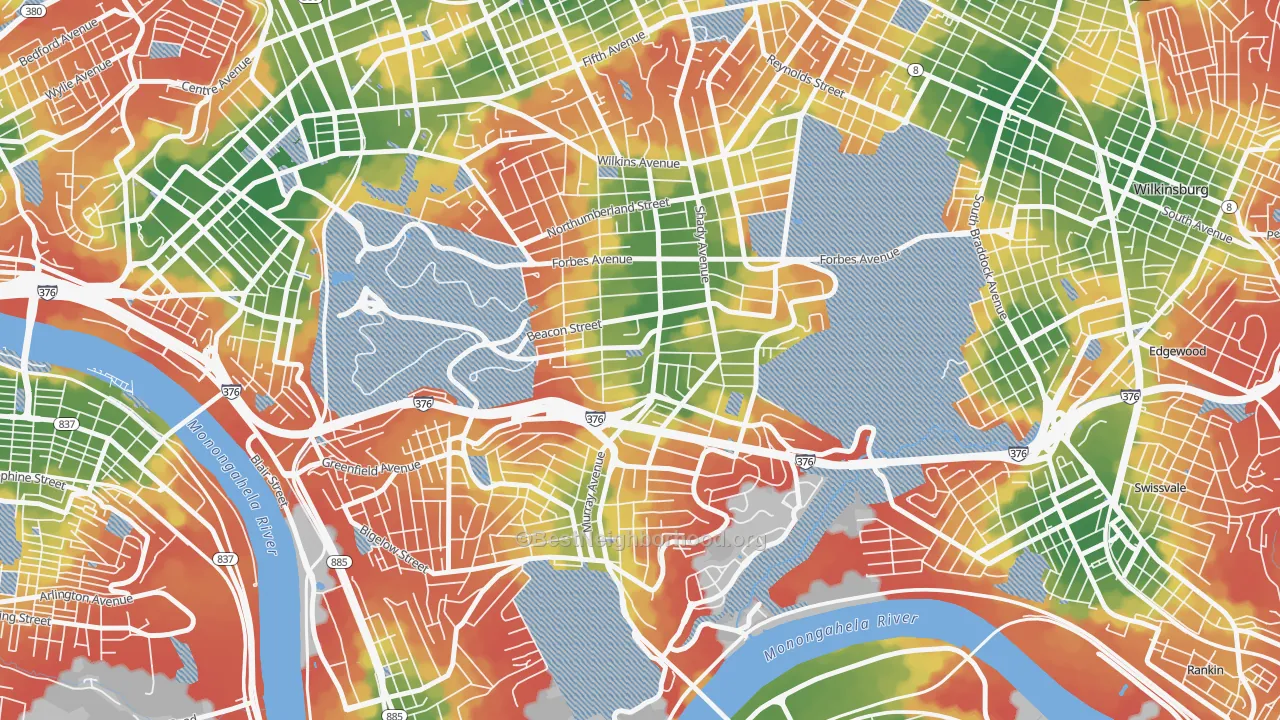 Walk Grade map of 15217, PA, walkable areas in green and car-dependent areas in red