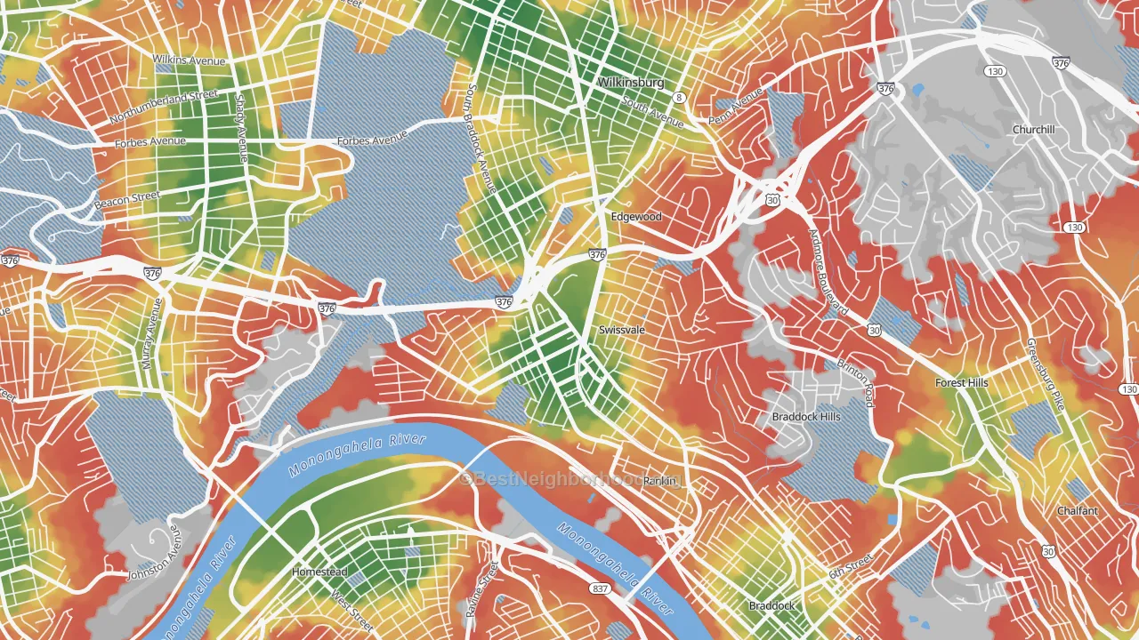 Walk Grade map of 15218, PA, walkable areas in green and car-dependent areas in red