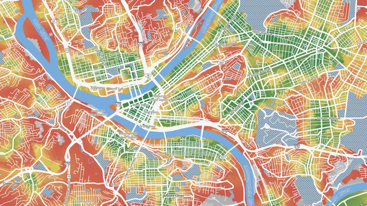 Walk Grade map of 15219, PA, walkable areas in green and car-dependent areas in red