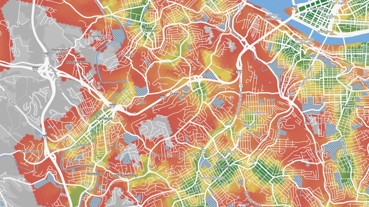Walk Grade map of 15220, PA, walkable areas in green and car-dependent areas in red