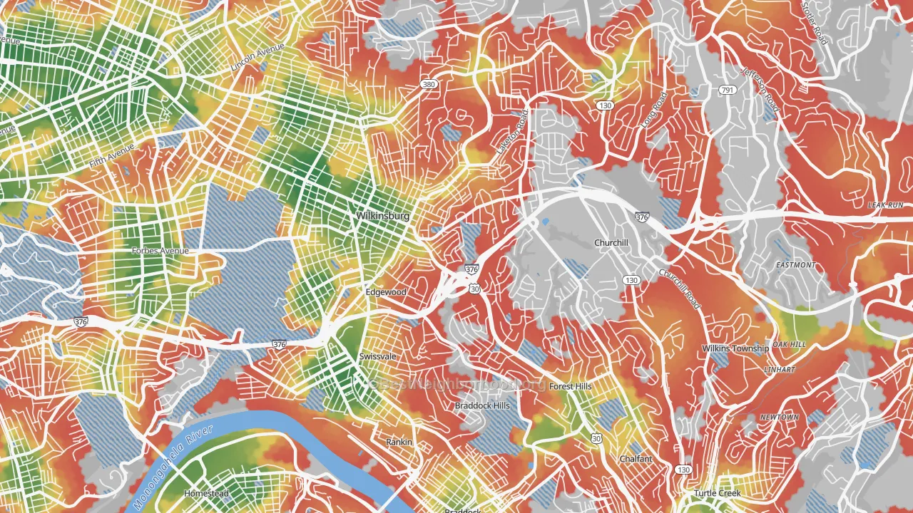 Walk Grade map of 15221, PA, walkable areas in green and car-dependent areas in red