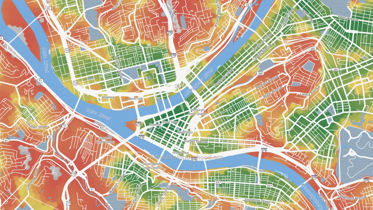 Walk Grade map of 15222, PA, walkable areas in green and car-dependent areas in red