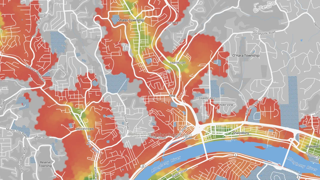Walk Grade map of 15223, PA, walkable areas in green and car-dependent areas in red