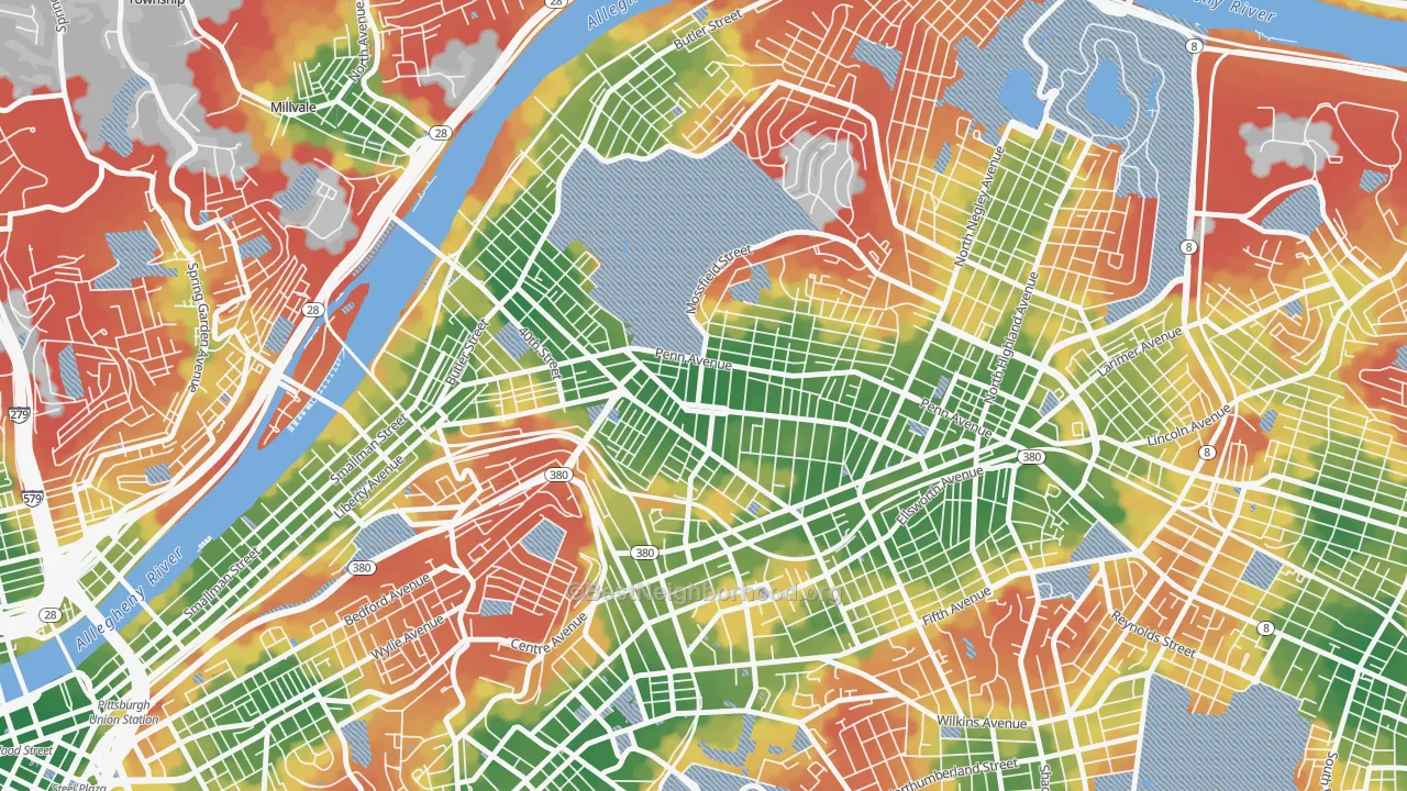 Walk Grade map of 15224, PA, walkable areas in green and car-dependent areas in red