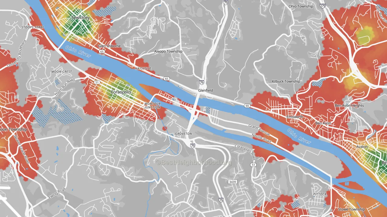 Walk Grade map of 15225, PA, walkable areas in green and car-dependent areas in red