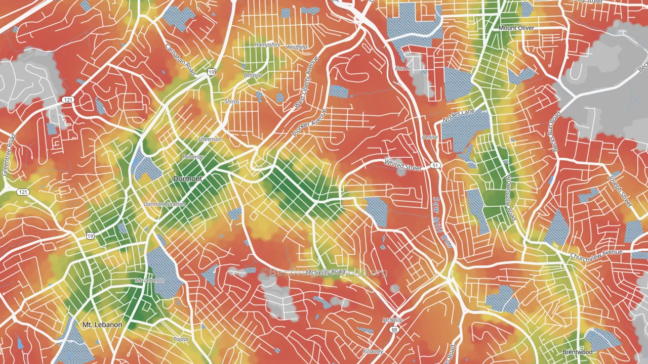 Walk Grade map of 15226, PA, walkable areas in green and car-dependent areas in red