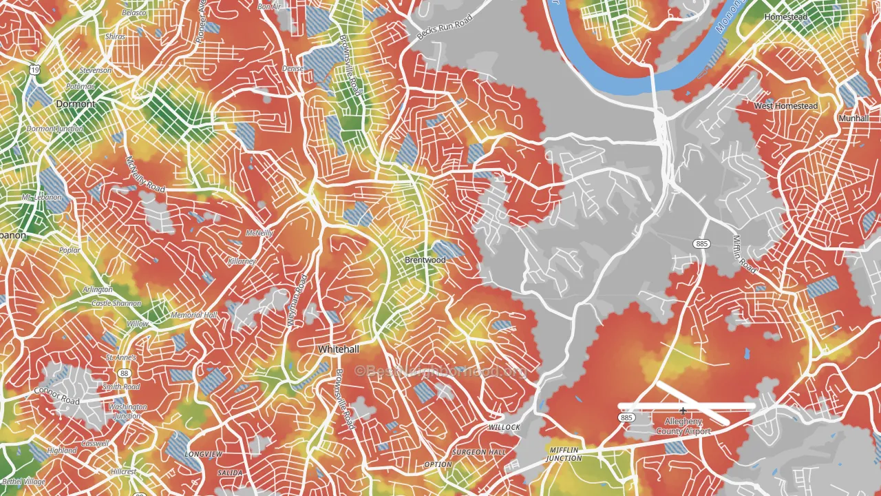 Walk Grade map of 15227, PA, walkable areas in green and car-dependent areas in red