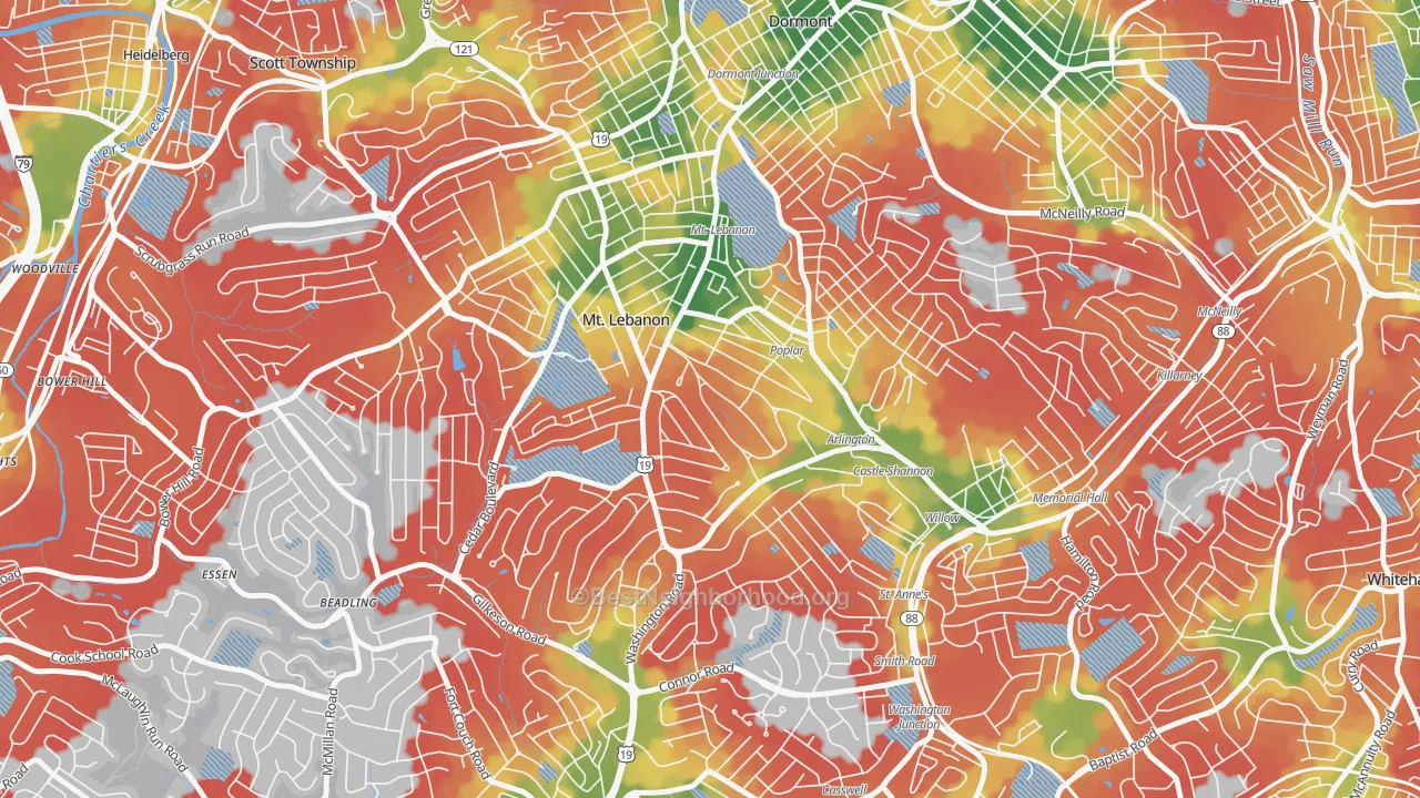Walk Grade map of 15228, PA, walkable areas in green and car-dependent areas in red