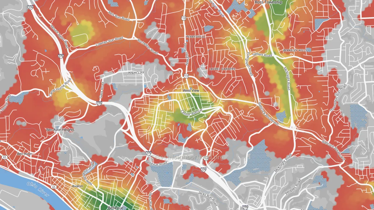 Walk Grade map of 15229, PA, walkable areas in green and car-dependent areas in red
