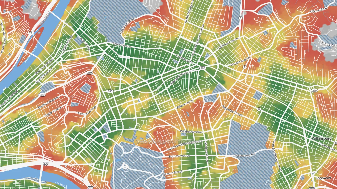 Walk Grade map of 15232, PA, walkable areas in green and car-dependent areas in red