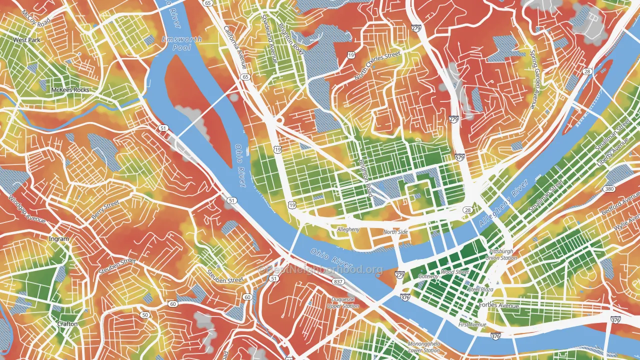 Walk Grade map of 15233, PA, walkable areas in green and car-dependent areas in red