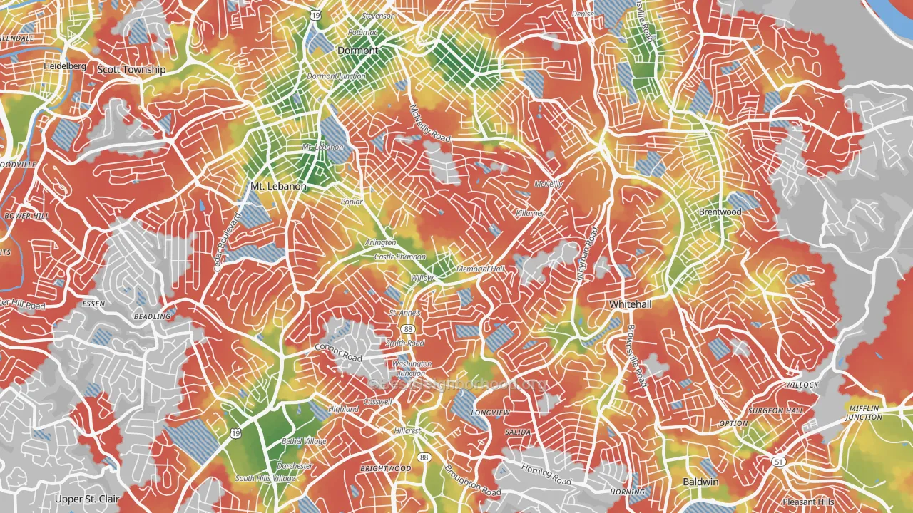 Walk Grade map of 15234, PA, walkable areas in green and car-dependent areas in red