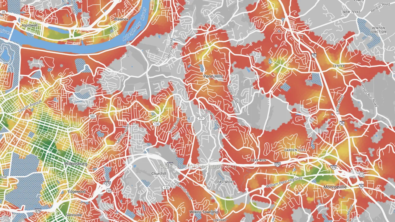 Walk Grade map of 15235, PA, walkable areas in green and car-dependent areas in red