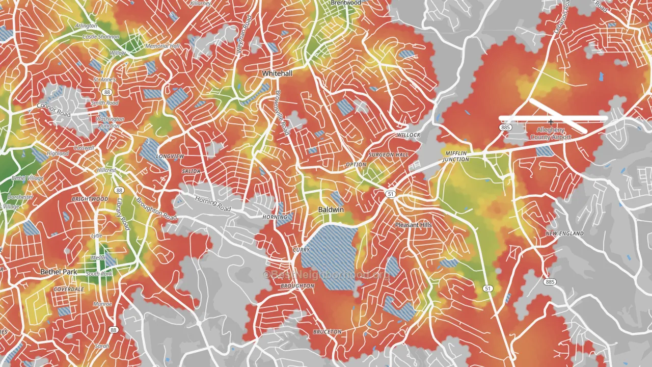 Walk Grade map of 15236, PA, walkable areas in green and car-dependent areas in red
