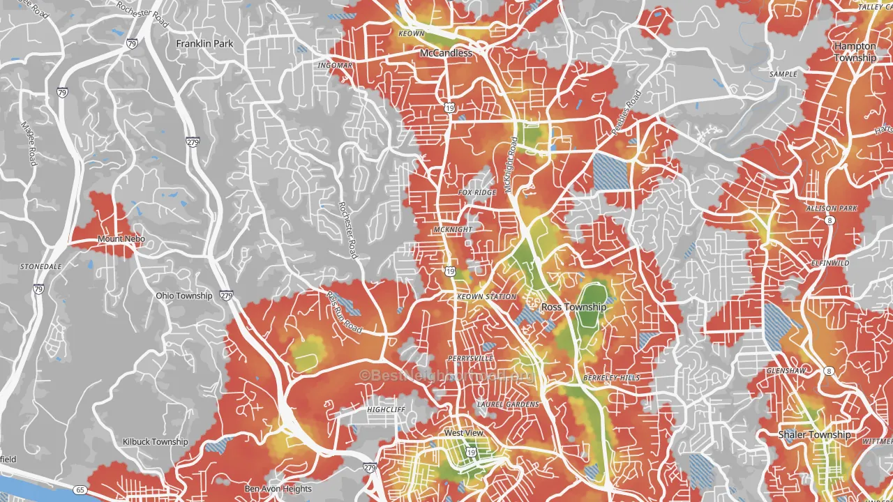 Walk Grade map of 15237, PA, walkable areas in green and car-dependent areas in red