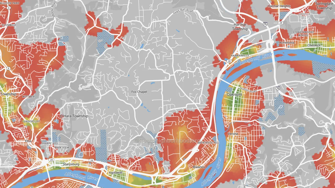 Walk Grade map of 15238, PA, walkable areas in green and car-dependent areas in red