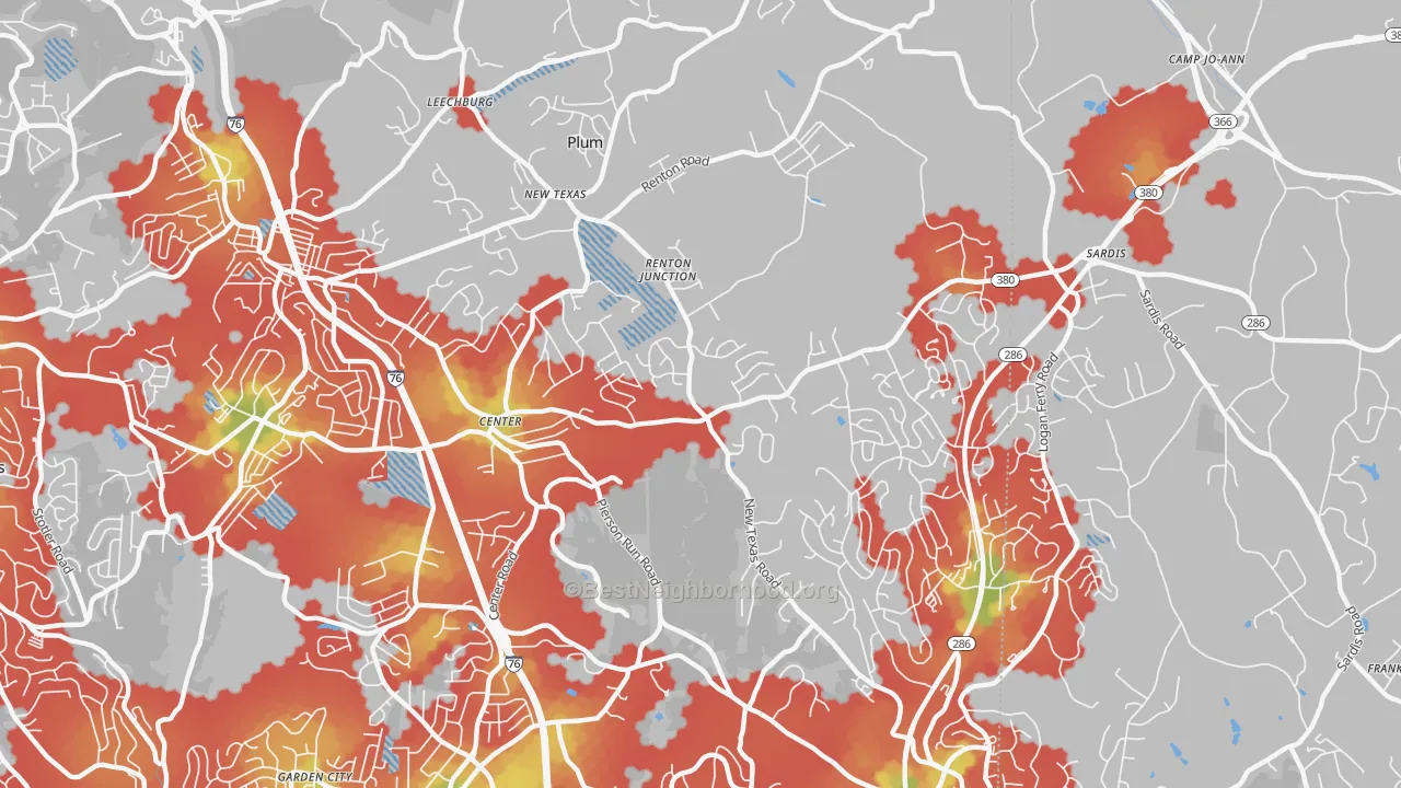 Walk Grade map of 15239, PA, walkable areas in green and car-dependent areas in red