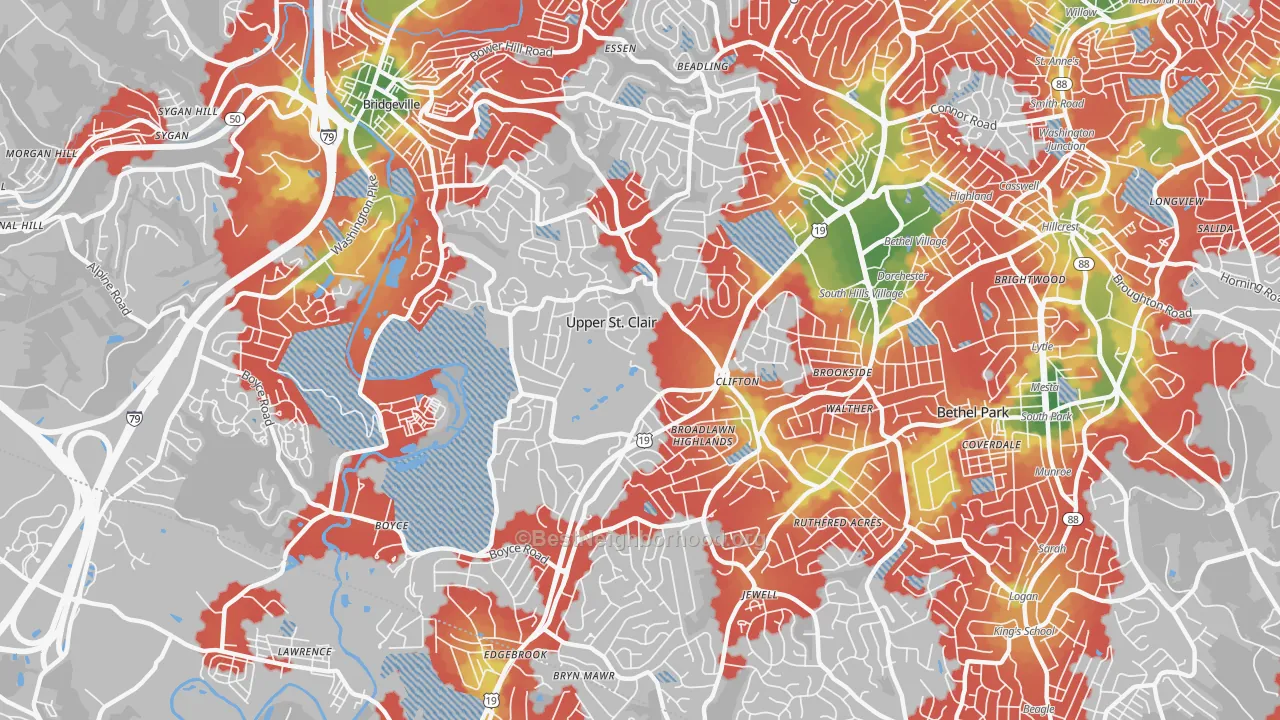 Walk Grade map of 15241, PA, walkable areas in green and car-dependent areas in red