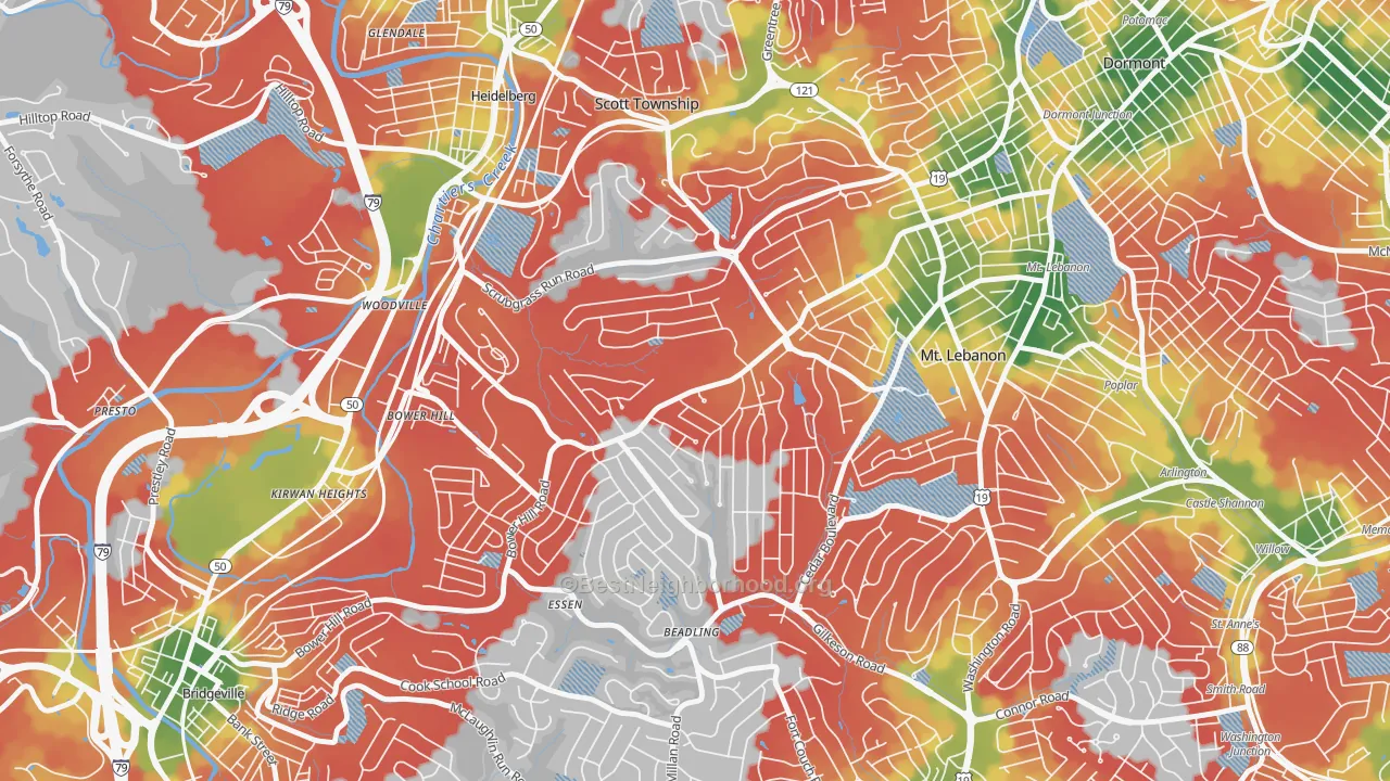 Walk Grade map of 15243, PA, walkable areas in green and car-dependent areas in red