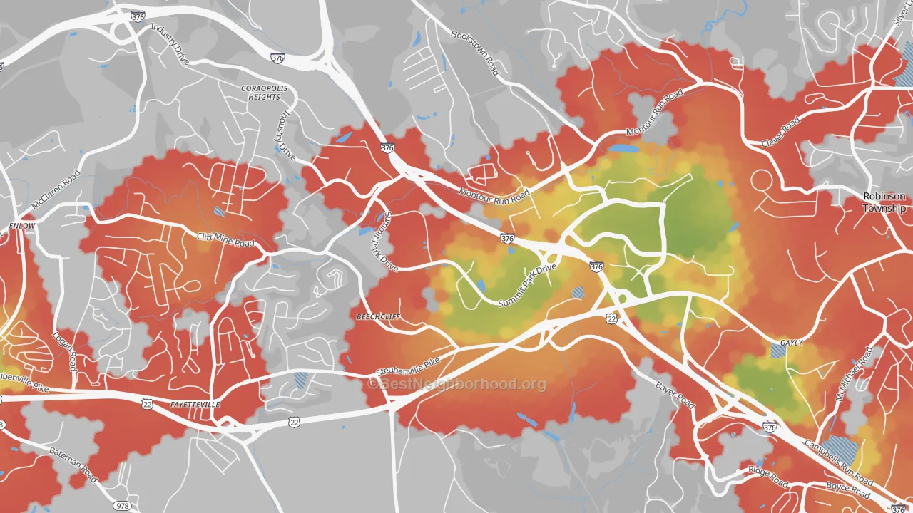 Walk Grade map of 15275, PA, walkable areas in green and car-dependent areas in red