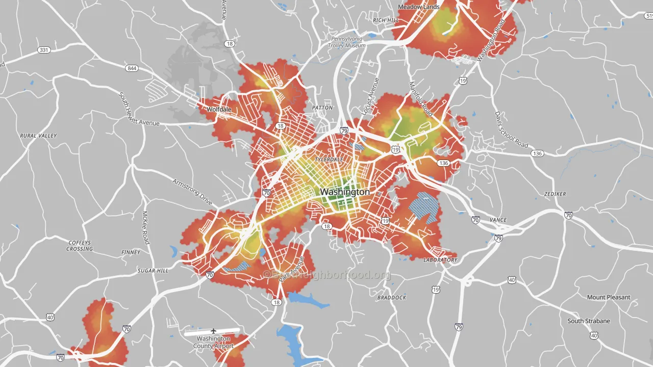 Walk Grade map of 15301, PA, walkable areas in green and car-dependent areas in red