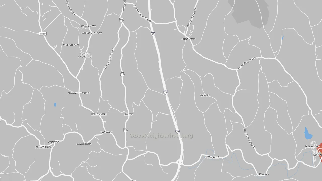 Walk Grade map of 15311, PA, walkable areas in green and car-dependent areas in red
