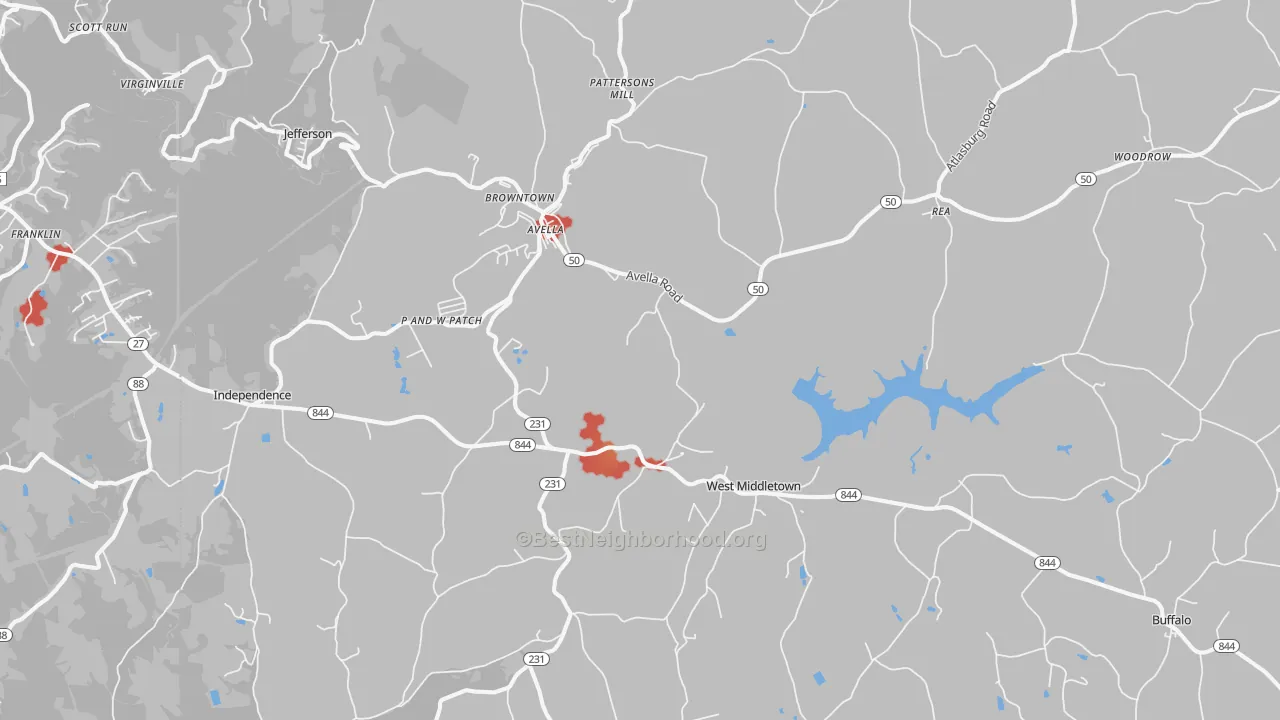 Walk Grade map of 15312, PA, walkable areas in green and car-dependent areas in red