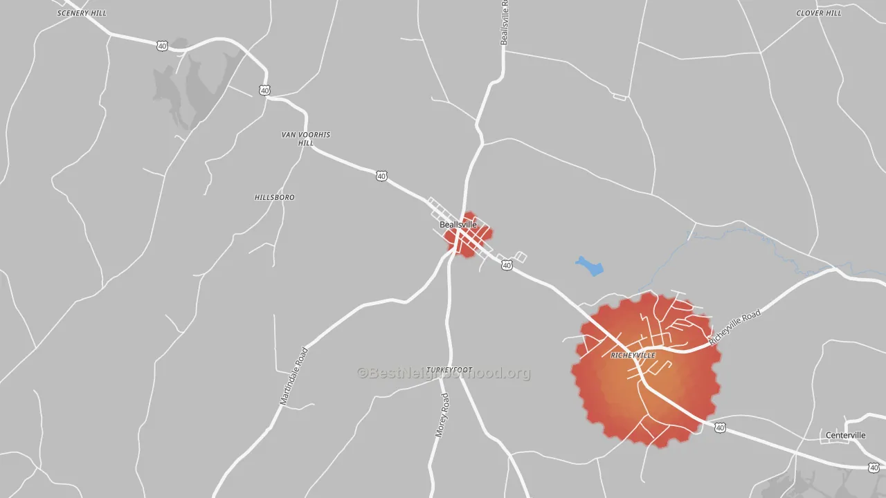 Walk Grade map of 15313, PA, walkable areas in green and car-dependent areas in red